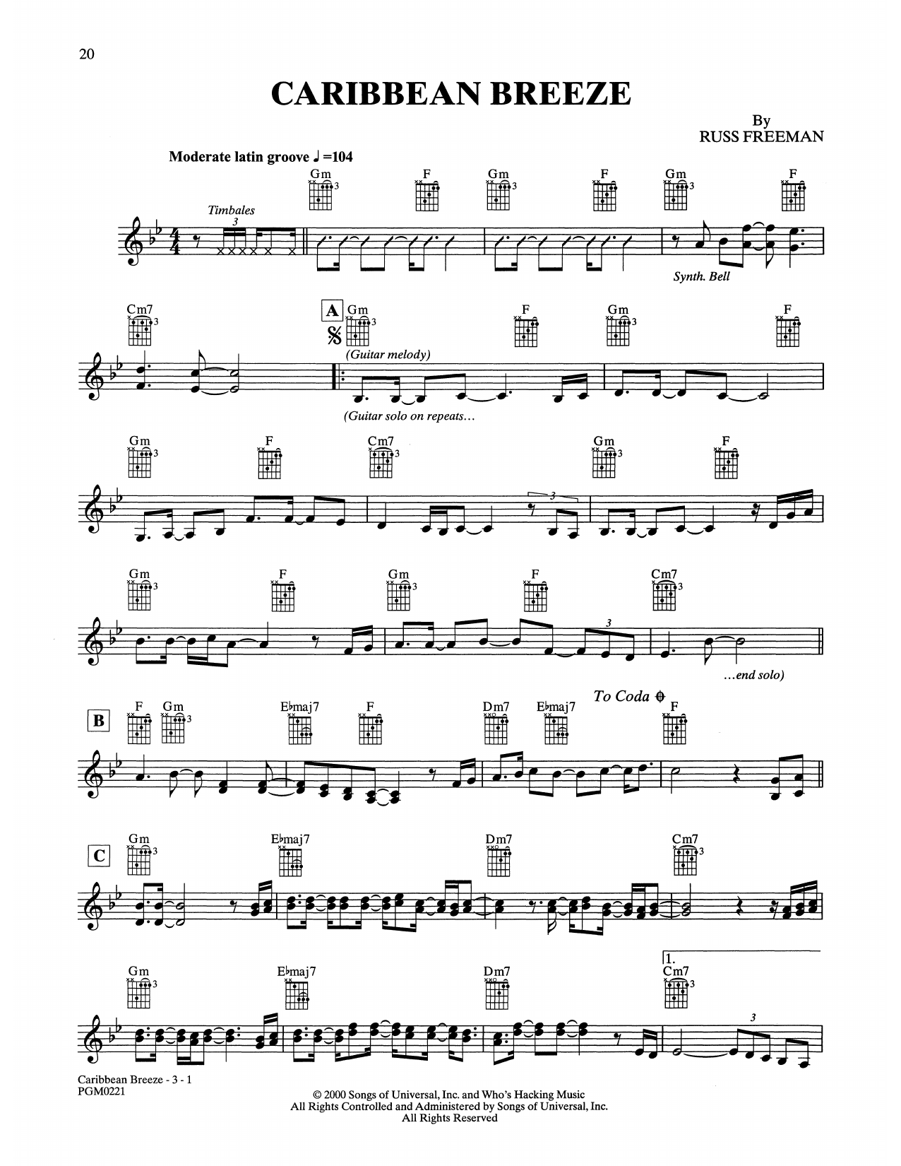 The Rippingtons Caribbean Breeze sheet music notes and chords arranged for Solo Guitar