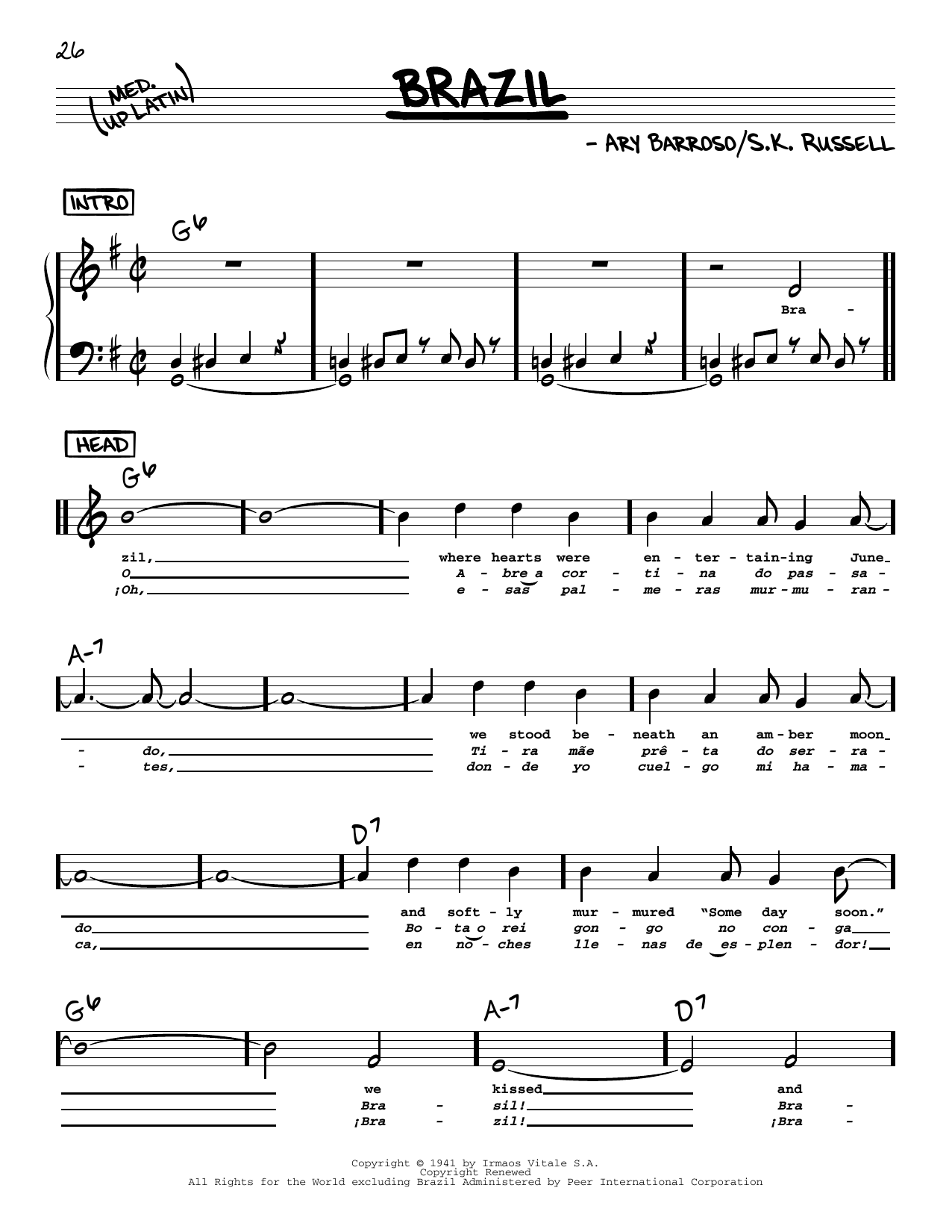 The Ritchie Family Brazil (High Voice) sheet music notes and chords arranged for Real Book – Melody, Lyrics & Chords