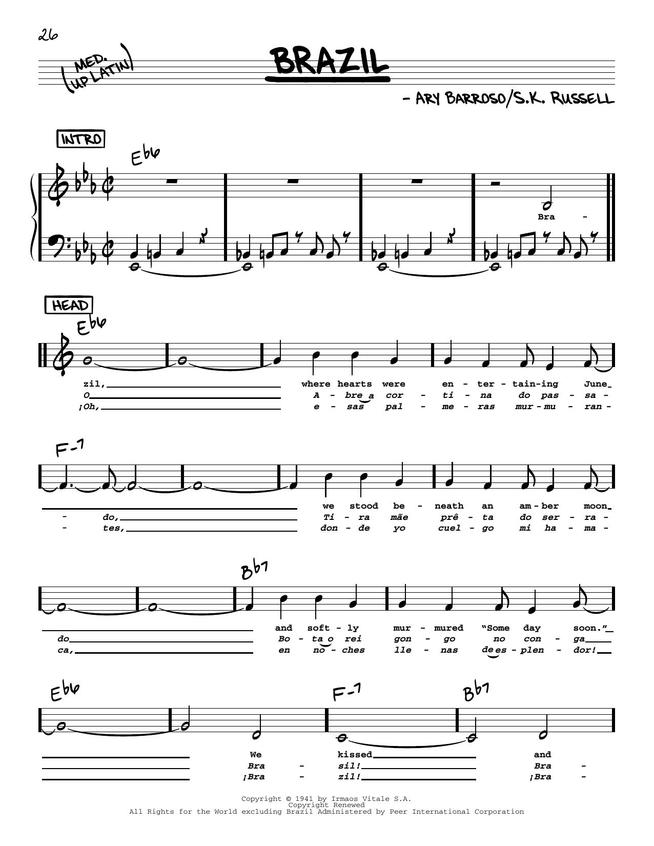 The Ritchie Family Brazil (Low Voice) sheet music notes and chords arranged for Real Book – Melody, Lyrics & Chords