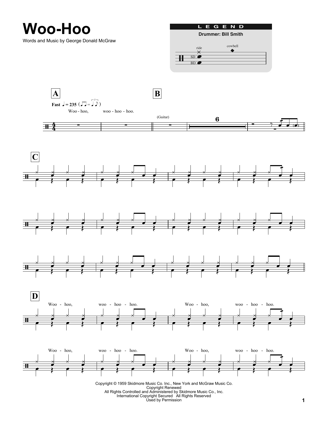 The Rock-A-Teens Woo-Hoo sheet music notes and chords arranged for Drums Transcription