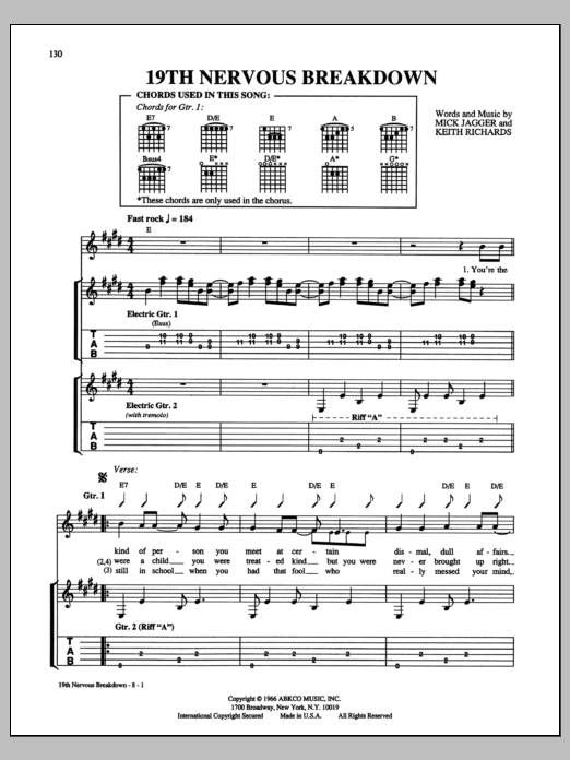 The Rolling Stones 19th Nervous Breakdown sheet music notes and chords arranged for Guitar Chords/Lyrics