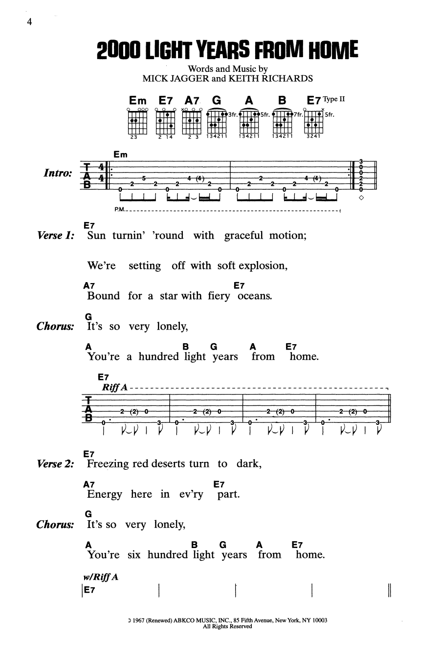 The Rolling Stones 2000 Light Years From Home sheet music notes and chords arranged for Guitar Chords/Lyrics