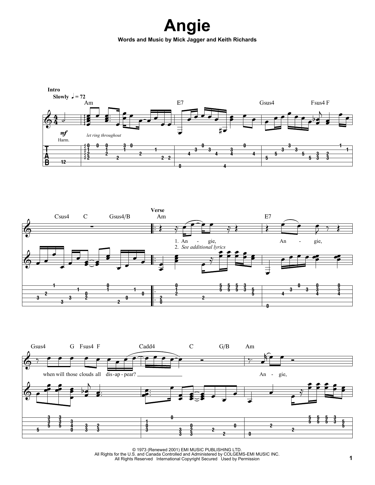 The Rolling Stones Angie sheet music notes and chords arranged for Piano, Vocal & Guitar Chords (Right-Hand Melody)