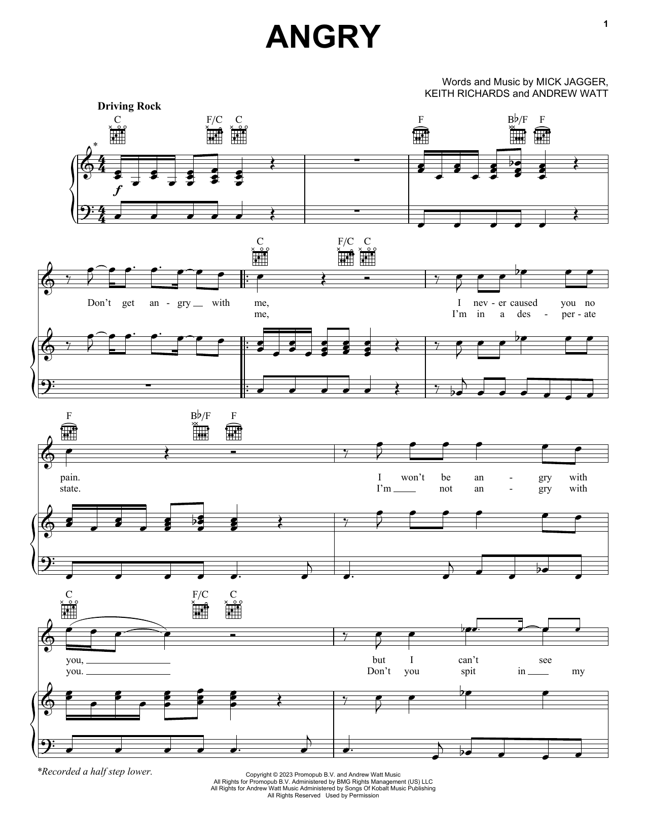 The Rolling Stones Angry sheet music notes and chords arranged for Piano, Vocal & Guitar Chords (Right-Hand Melody)