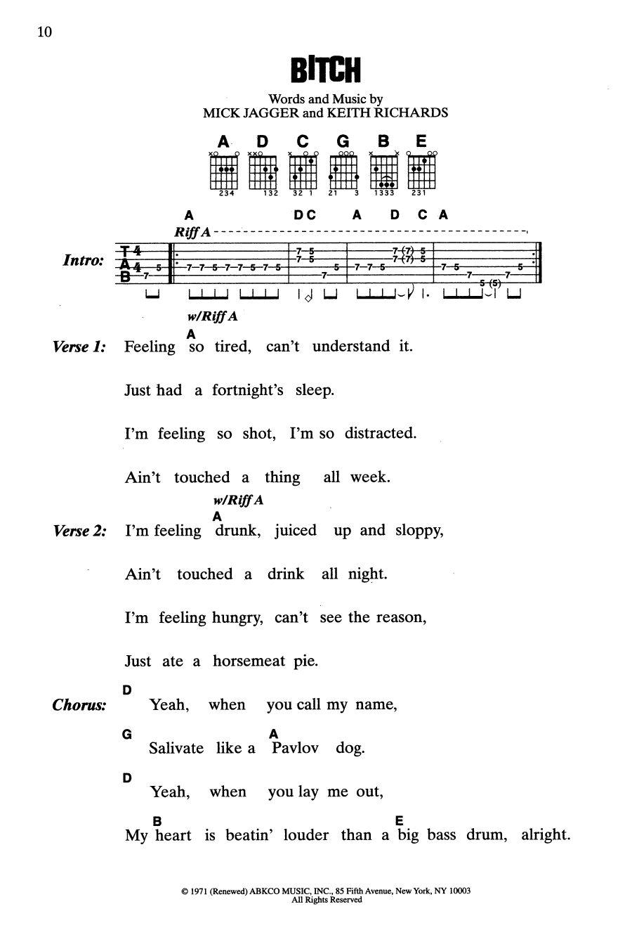 The Rolling Stones Bitch sheet music notes and chords arranged for Guitar Chords/Lyrics