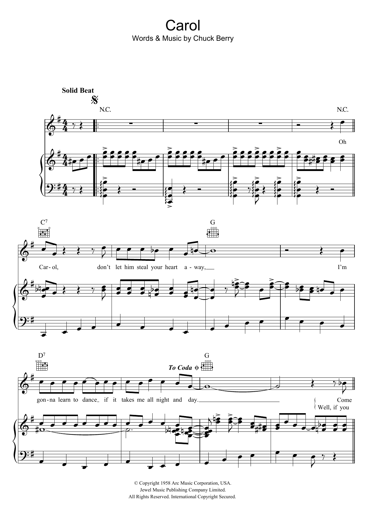 The Rolling Stones Carol sheet music notes and chords arranged for Piano, Vocal & Guitar Chords