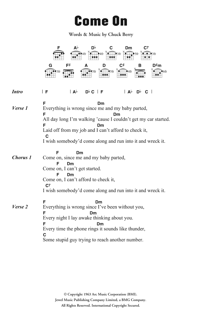The Rolling Stones Come On sheet music notes and chords arranged for Guitar Chords/Lyrics