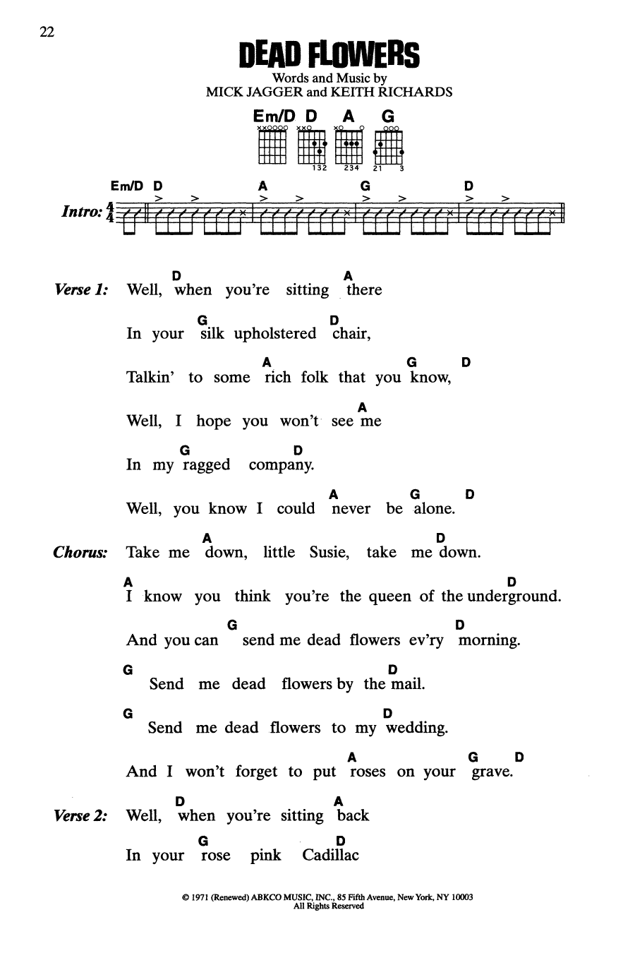 The Rolling Stones Dead Flowers sheet music notes and chords arranged for Guitar Chords/Lyrics