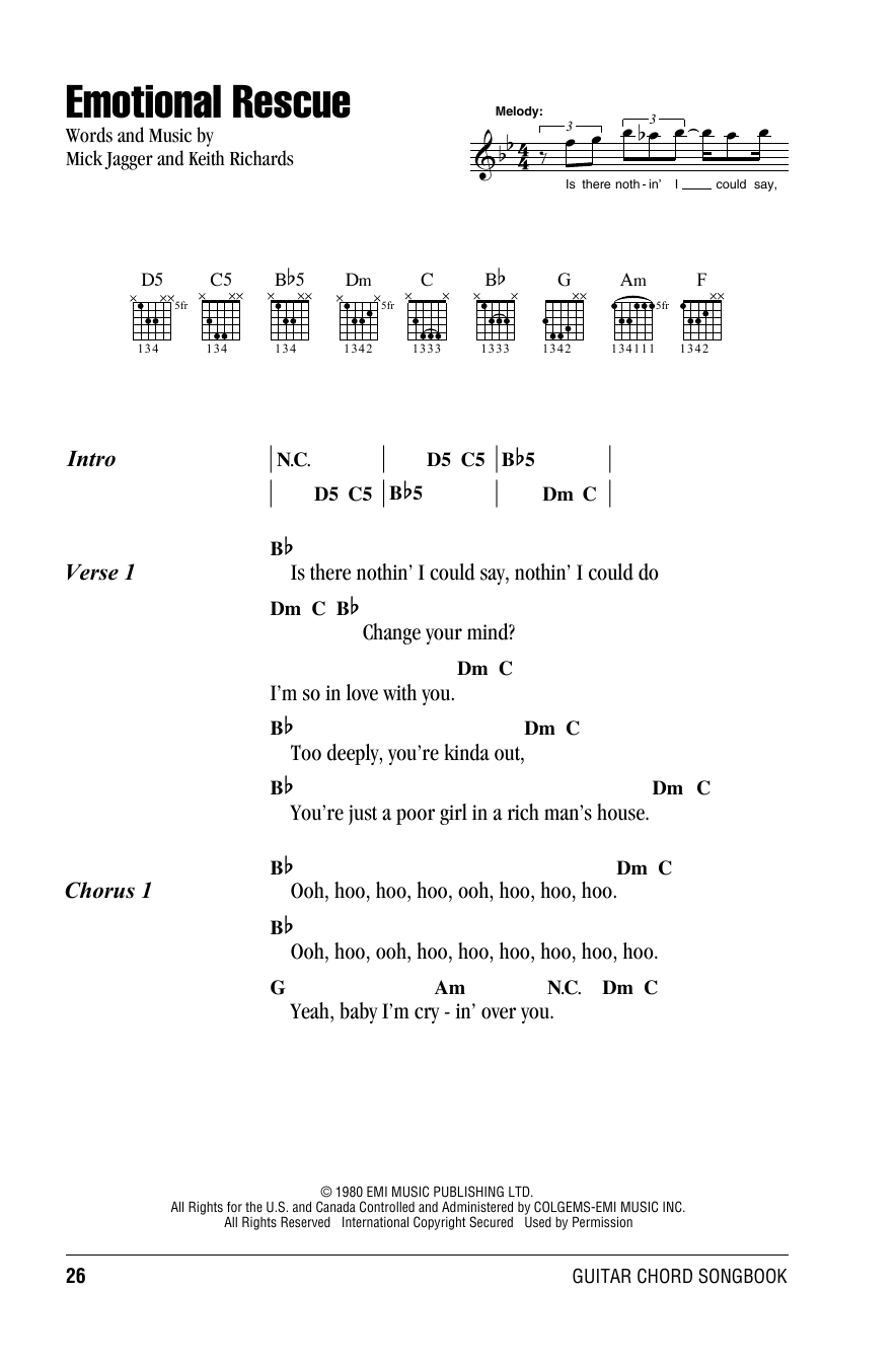 The Rolling Stones Emotional Rescue sheet music notes and chords arranged for Easy Guitar Tab