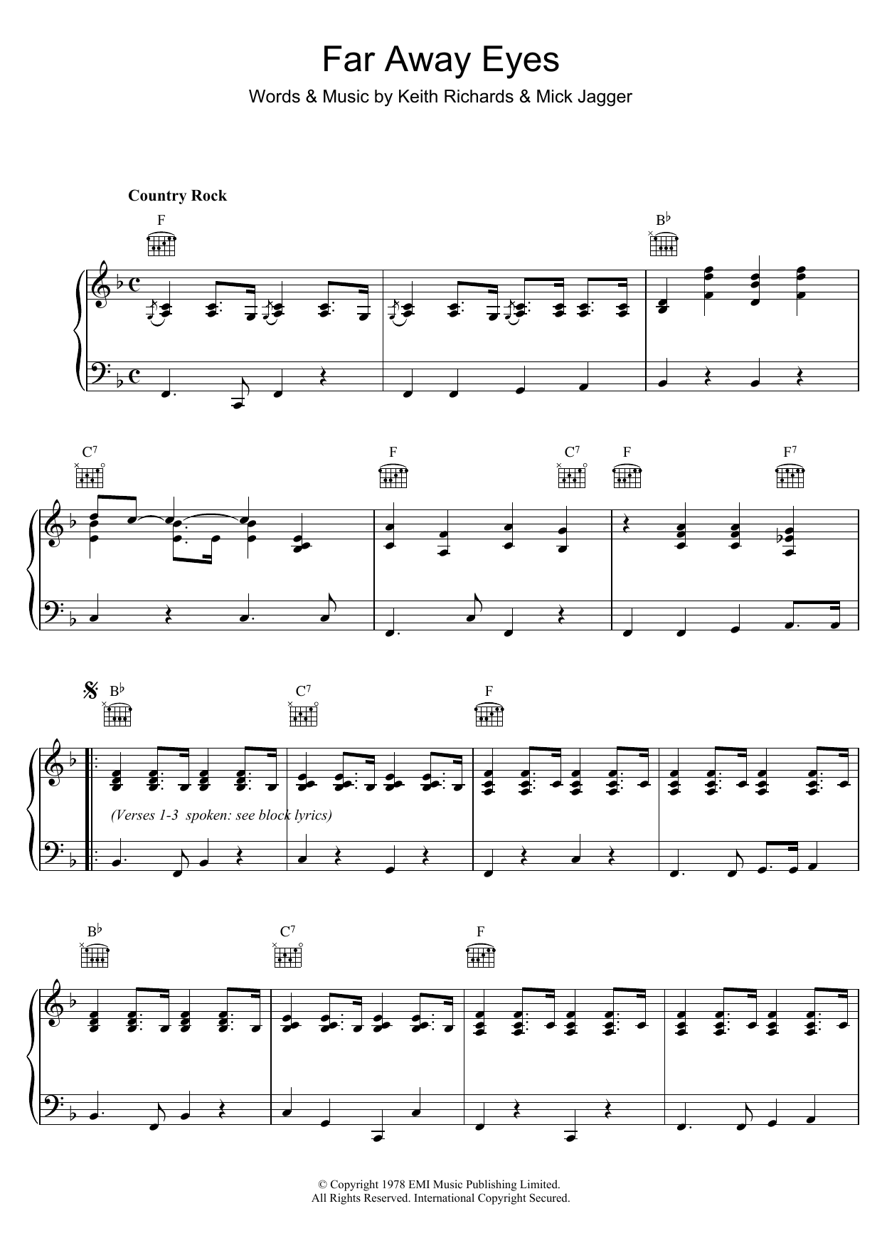 The Rolling Stones Far Away Eyes sheet music notes and chords arranged for Piano, Vocal & Guitar Chords