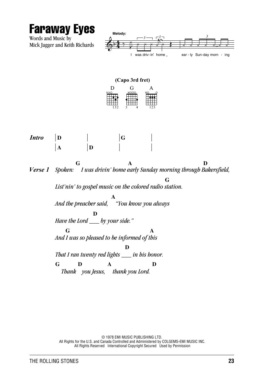 The Rolling Stones Faraway Eyes sheet music notes and chords arranged for Guitar Chords/Lyrics