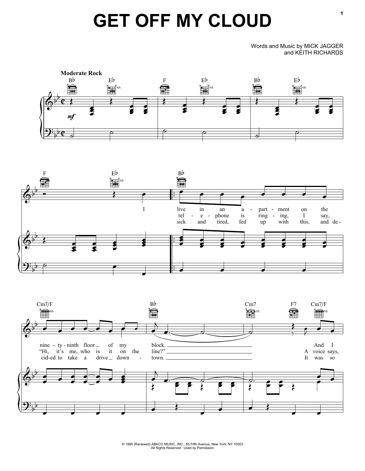 The Rolling Stones Get Off My Cloud sheet music notes and chords arranged for Piano, Vocal & Guitar Chords (Right-Hand Melody)