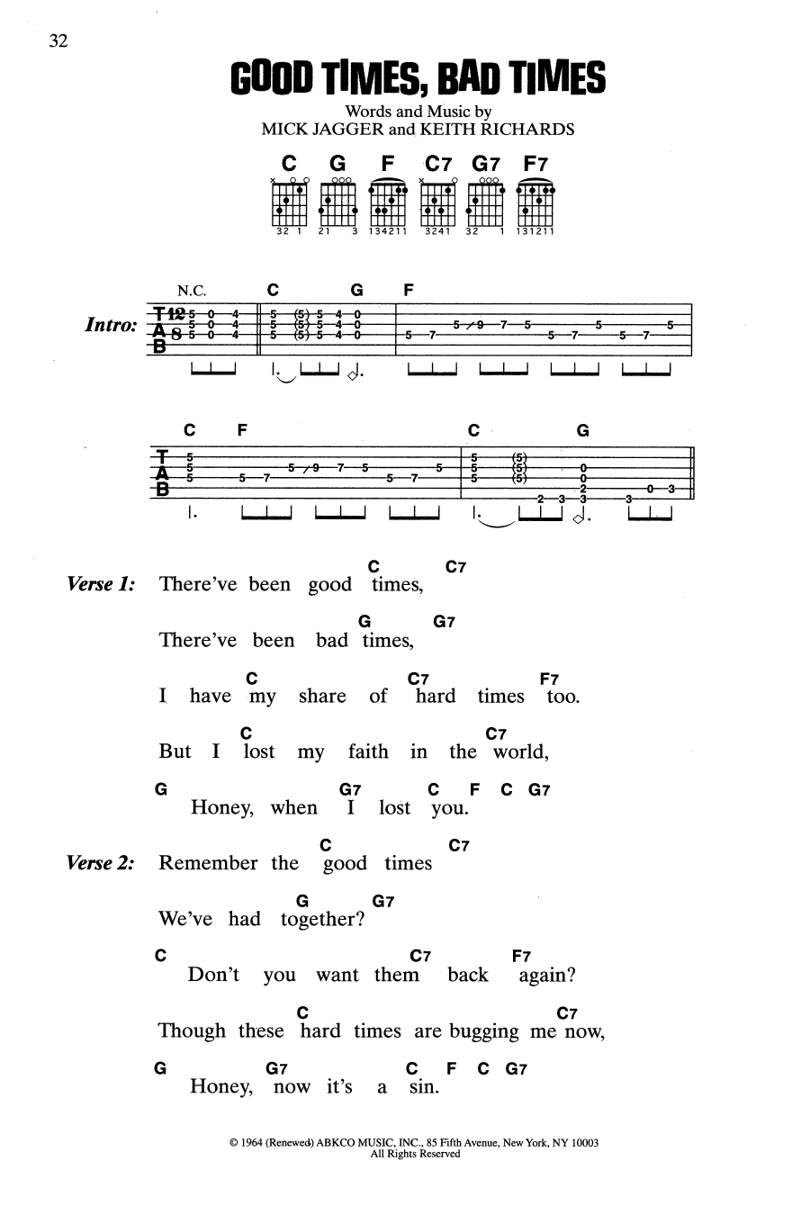 The Rolling Stones Good Times, Bad Times sheet music notes and chords arranged for Guitar Chords/Lyrics