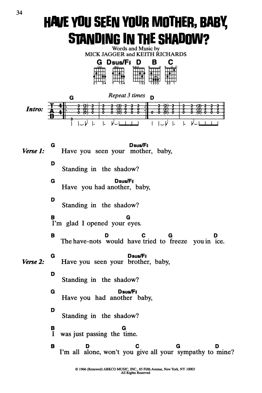 The Rolling Stones Have You Seen Your Mother, Baby, Standing In The Shadow? sheet music notes and chords arranged for Guitar Chords/Lyrics