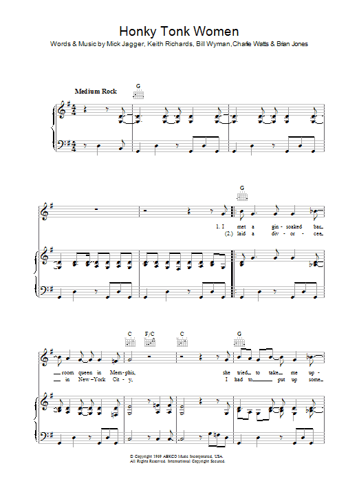 The Rolling Stones Honky Tonk Women sheet music notes and chords arranged for Piano, Vocal & Guitar Chords
