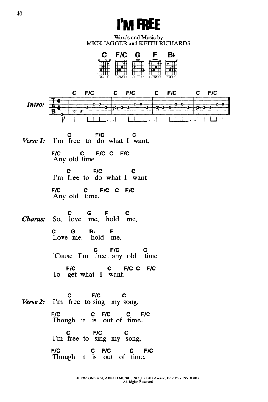 The Rolling Stones I'm Free sheet music notes and chords arranged for Guitar Chords/Lyrics
