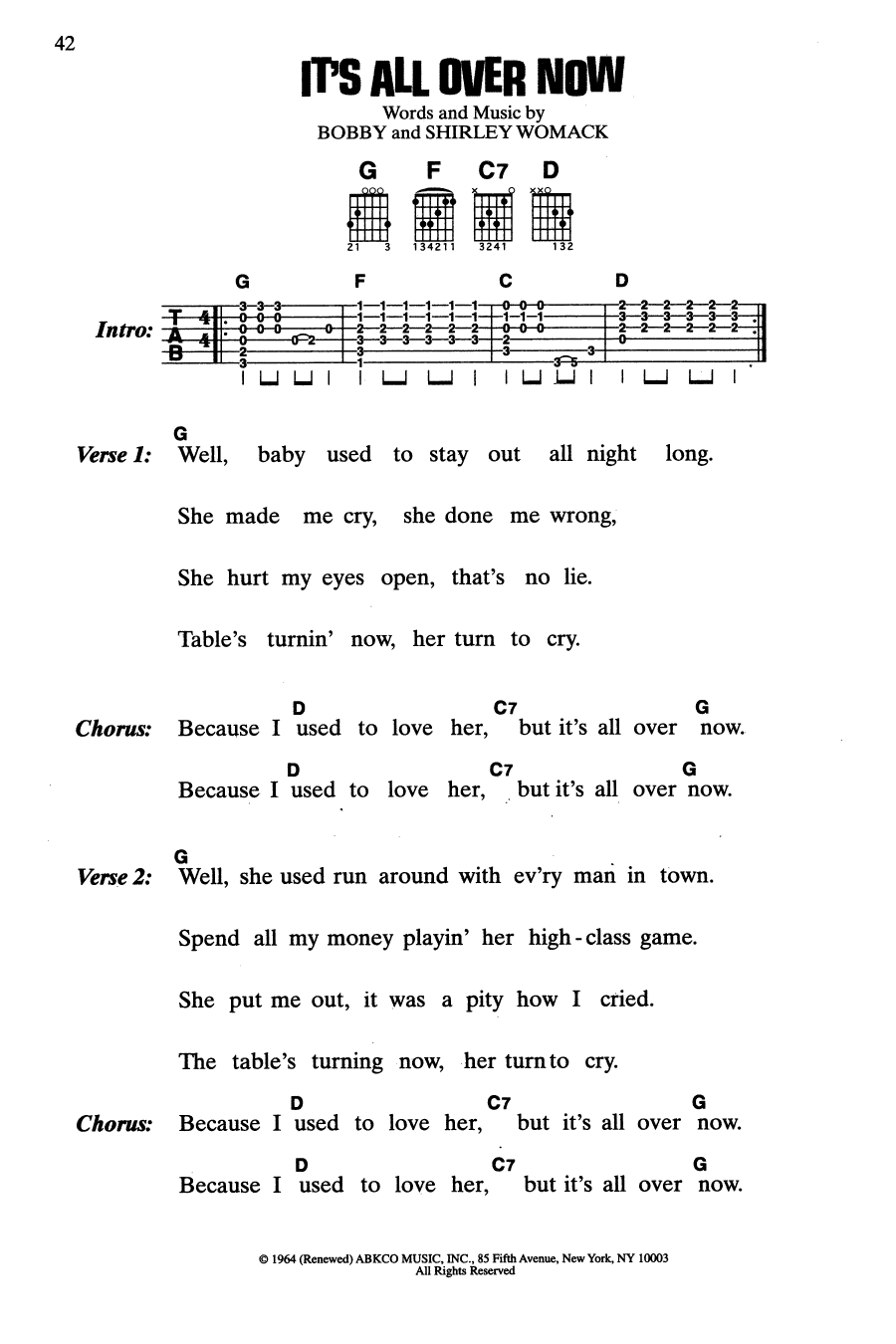 The Rolling Stones It's All Over Now sheet music notes and chords arranged for Guitar Chords/Lyrics