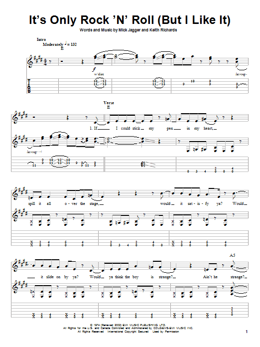 The Rolling Stones It's Only Rock 'N' Roll (But I Like It) sheet music notes and chords arranged for Piano, Vocal & Guitar Chords (Right-Hand Melody)