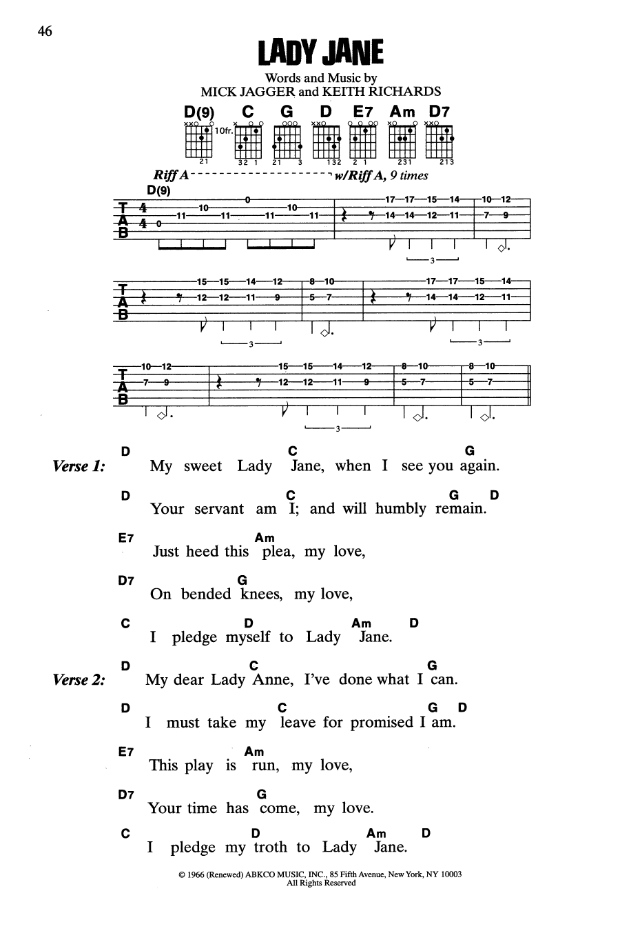 The Rolling Stones Lady Jane sheet music notes and chords arranged for Guitar Chords/Lyrics