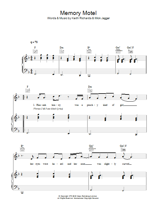The Rolling Stones Memory Motel sheet music notes and chords arranged for Piano, Vocal & Guitar Chords