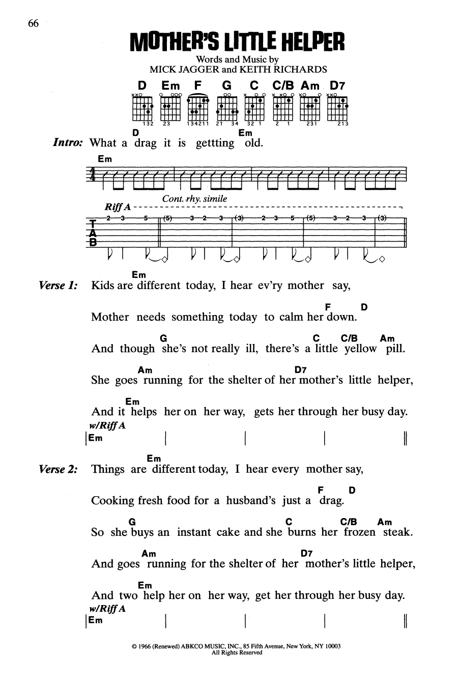 The Rolling Stones Mother's Little Helper sheet music notes and chords arranged for Guitar Chords/Lyrics