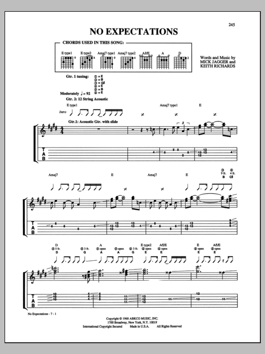 The Rolling Stones No Expectations sheet music notes and chords arranged for Guitar Tab