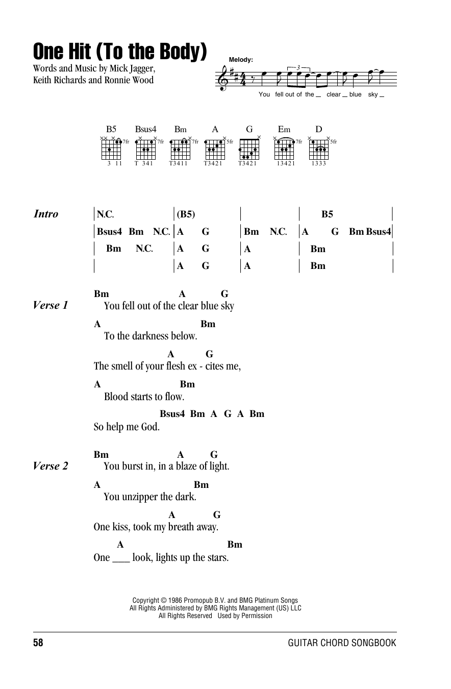 The Rolling Stones One Hit (To The Body) sheet music notes and chords arranged for Piano, Vocal & Guitar Chords (Right-Hand Melody)