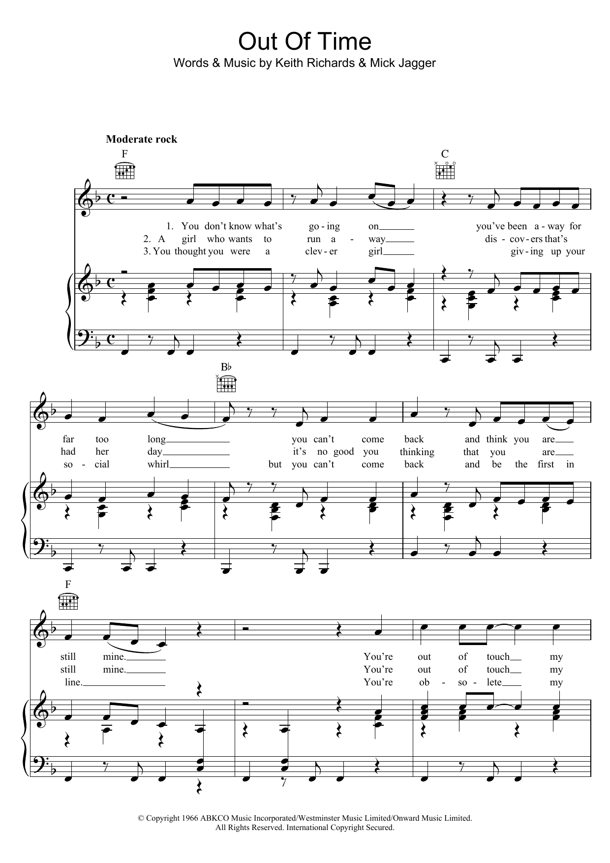 The Rolling Stones Out Of Time sheet music notes and chords arranged for Piano, Vocal & Guitar Chords (Right-Hand Melody)