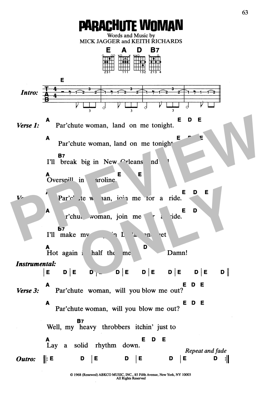 The Rolling Stones Parachute Woman sheet music notes and chords arranged for Guitar Chords/Lyrics