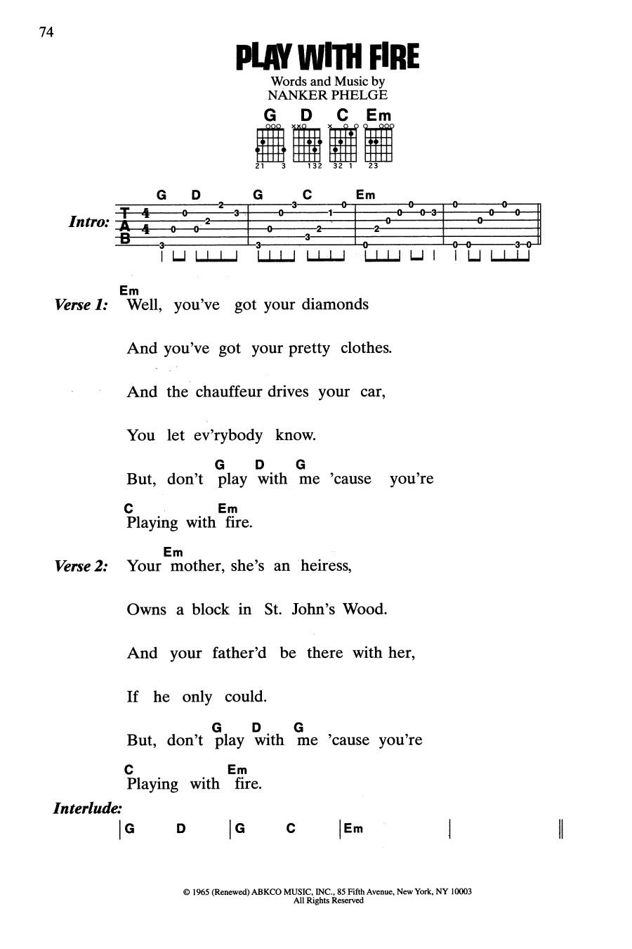 The Rolling Stones Play With Fire sheet music notes and chords arranged for Guitar Chords/Lyrics