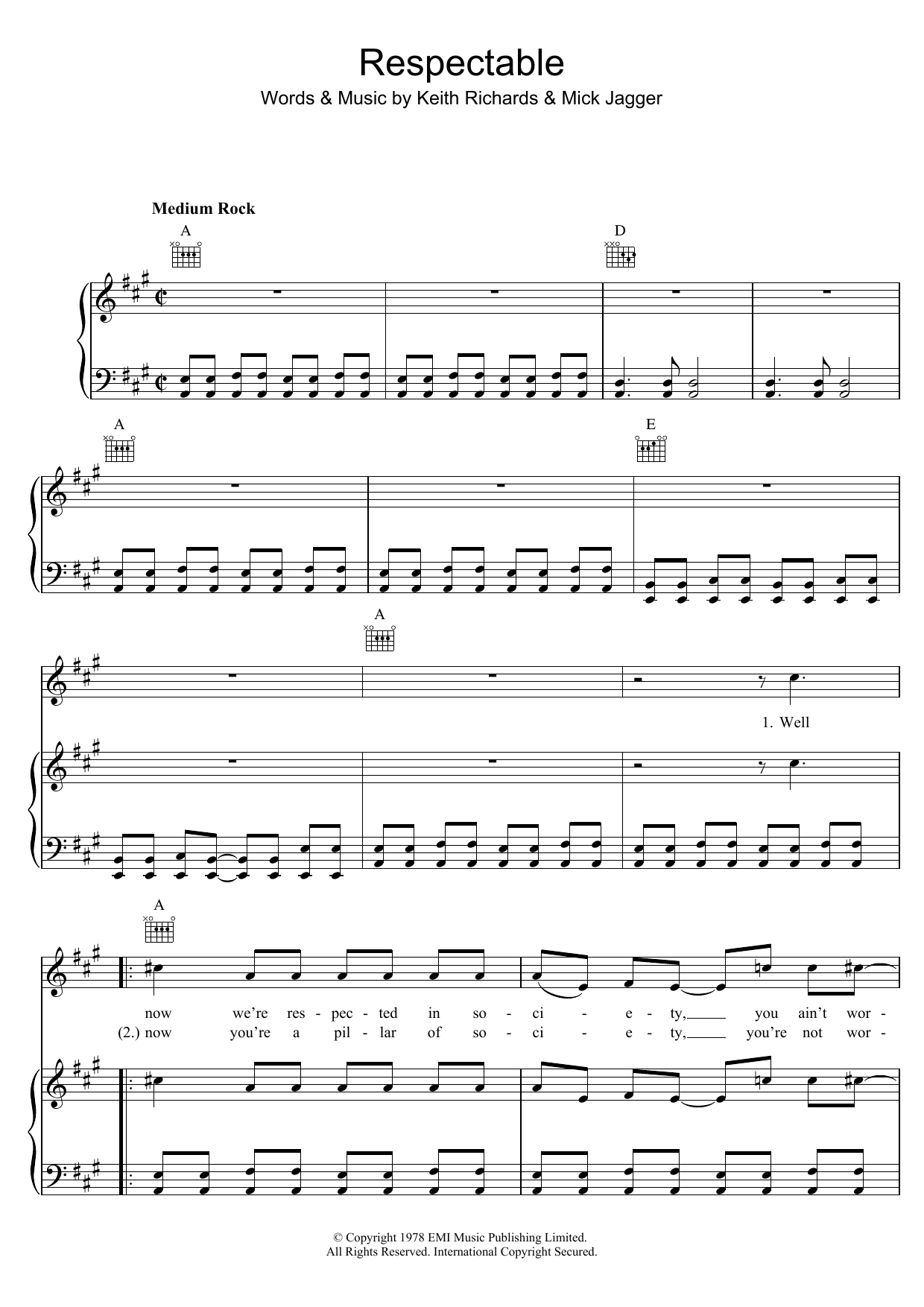 The Rolling Stones Respectable sheet music notes and chords arranged for Piano, Vocal & Guitar Chords