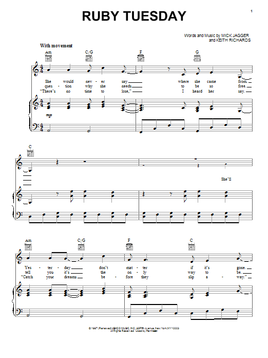 The Rolling Stones Ruby Tuesday sheet music notes and chords arranged for Piano, Vocal & Guitar Chords (Right-Hand Melody)