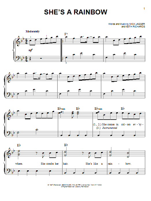 The Rolling Stones She's A Rainbow sheet music notes and chords arranged for Piano, Vocal & Guitar Chords