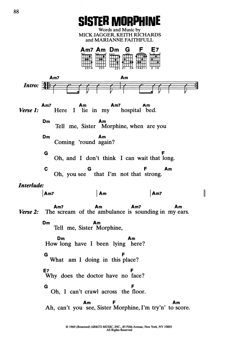 The Rolling Stones Sister Morphine sheet music notes and chords arranged for Guitar Chords/Lyrics