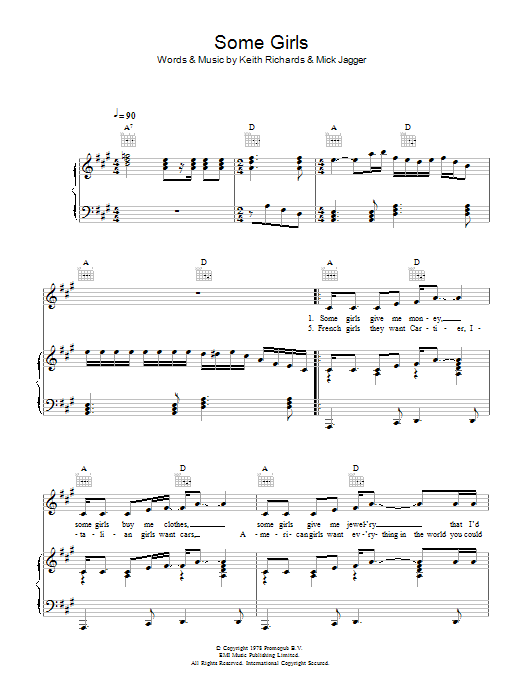 The Rolling Stones Some Girls sheet music notes and chords arranged for Piano, Vocal & Guitar Chords