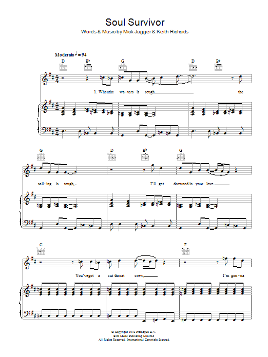 The Rolling Stones Soul Survivor sheet music notes and chords arranged for Piano, Vocal & Guitar Chords