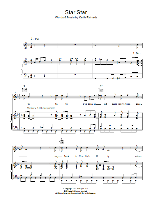 The Rolling Stones Star Star sheet music notes and chords arranged for Piano, Vocal & Guitar Chords