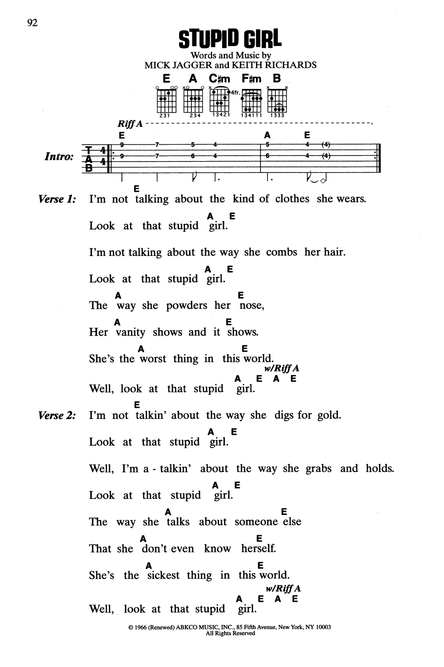 The Rolling Stones Stupid Girl sheet music notes and chords arranged for Guitar Chords/Lyrics