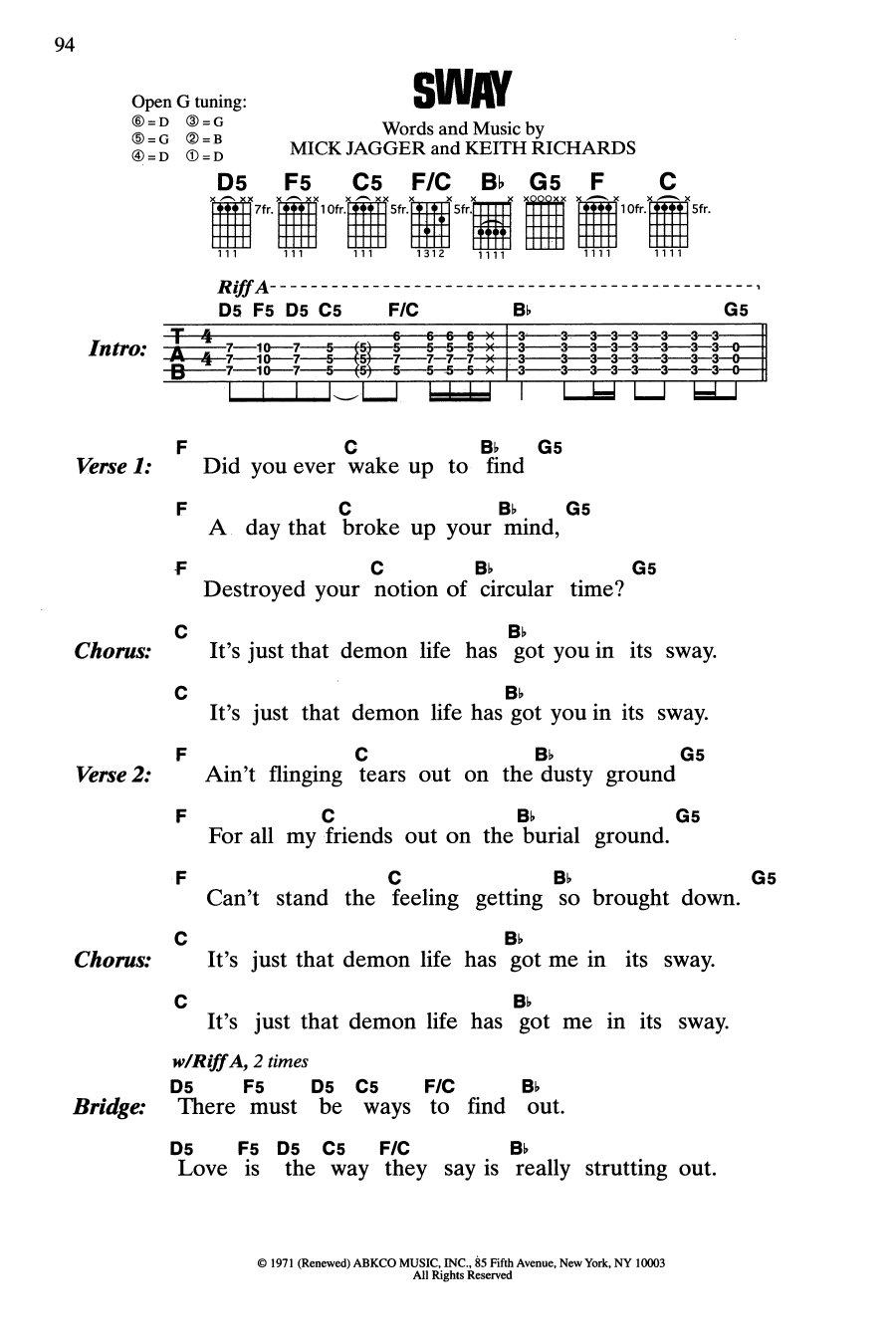 The Rolling Stones Sway sheet music notes and chords arranged for Guitar Chords/Lyrics