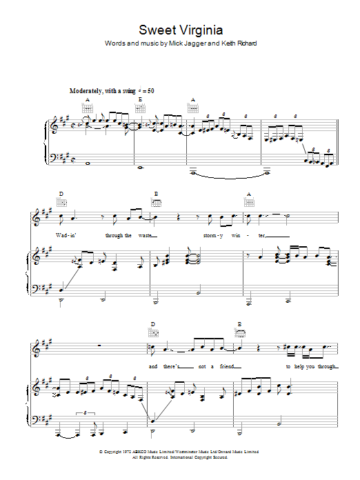 The Rolling Stones Sweet Virginia sheet music notes and chords arranged for Piano, Vocal & Guitar Chords