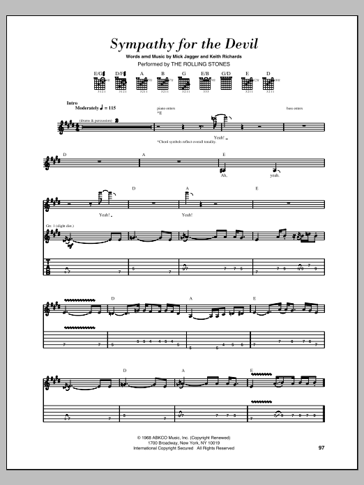 The Rolling Stones Sympathy For The Devil sheet music notes and chords arranged for Guitar Tab