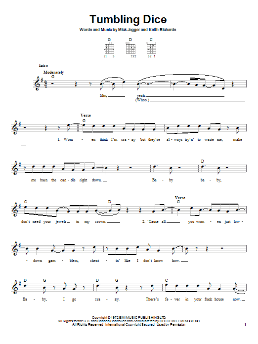 The Rolling Stones Tumbling Dice sheet music notes and chords arranged for Bass Guitar Tab