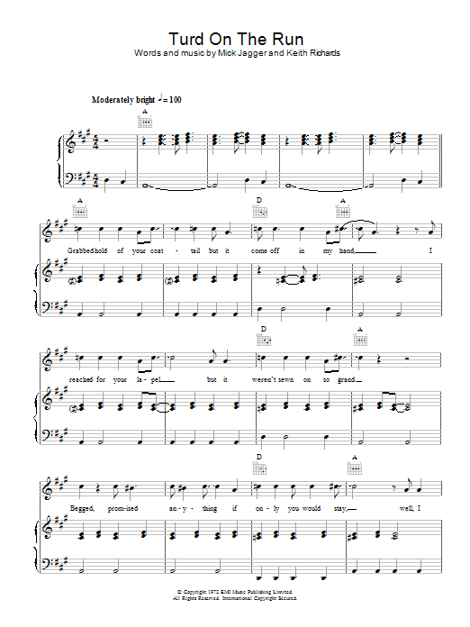 The Rolling Stones Turd On The Run sheet music notes and chords arranged for Piano, Vocal & Guitar Chords
