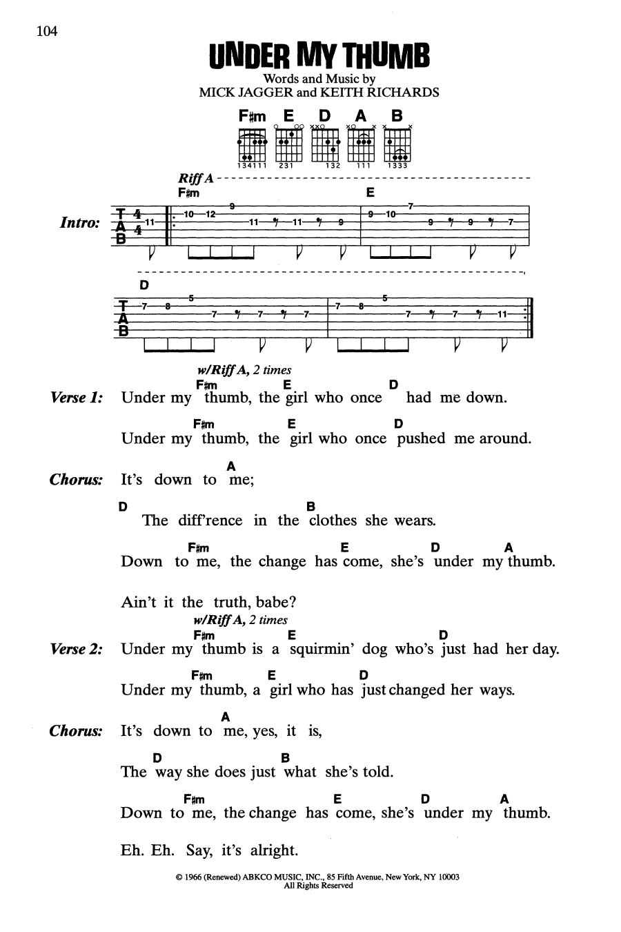 The Rolling Stones Under My Thumb sheet music notes and chords arranged for Guitar Chords/Lyrics