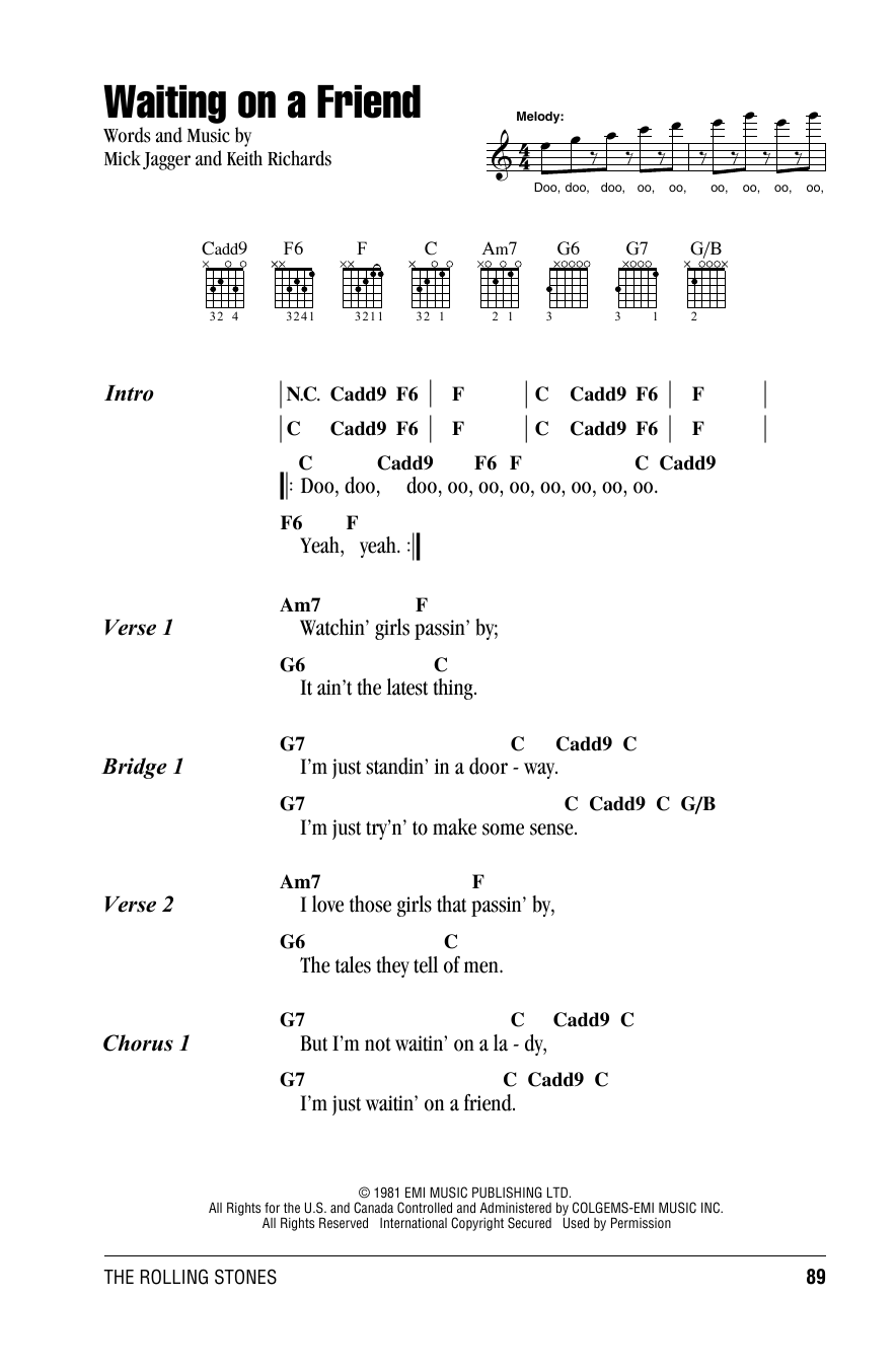 The Rolling Stones Waiting On A Friend sheet music notes and chords arranged for Lead Sheet / Fake Book
