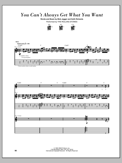 The Rolling Stones You Can't Always Get What You Want sheet music notes and chords arranged for Guitar Chords/Lyrics