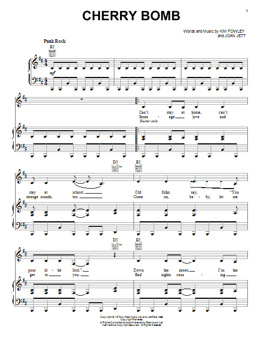 The Runaways Cherry Bomb sheet music notes and chords arranged for Piano, Vocal & Guitar Chords (Right-Hand Melody)