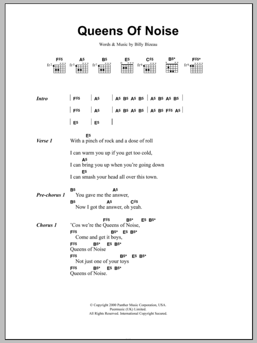 The Runaways Queens Of Noise sheet music notes and chords arranged for Guitar Chords/Lyrics
