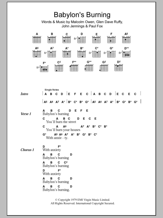 The Ruts Babylon's Burning sheet music notes and chords arranged for Guitar Chords/Lyrics