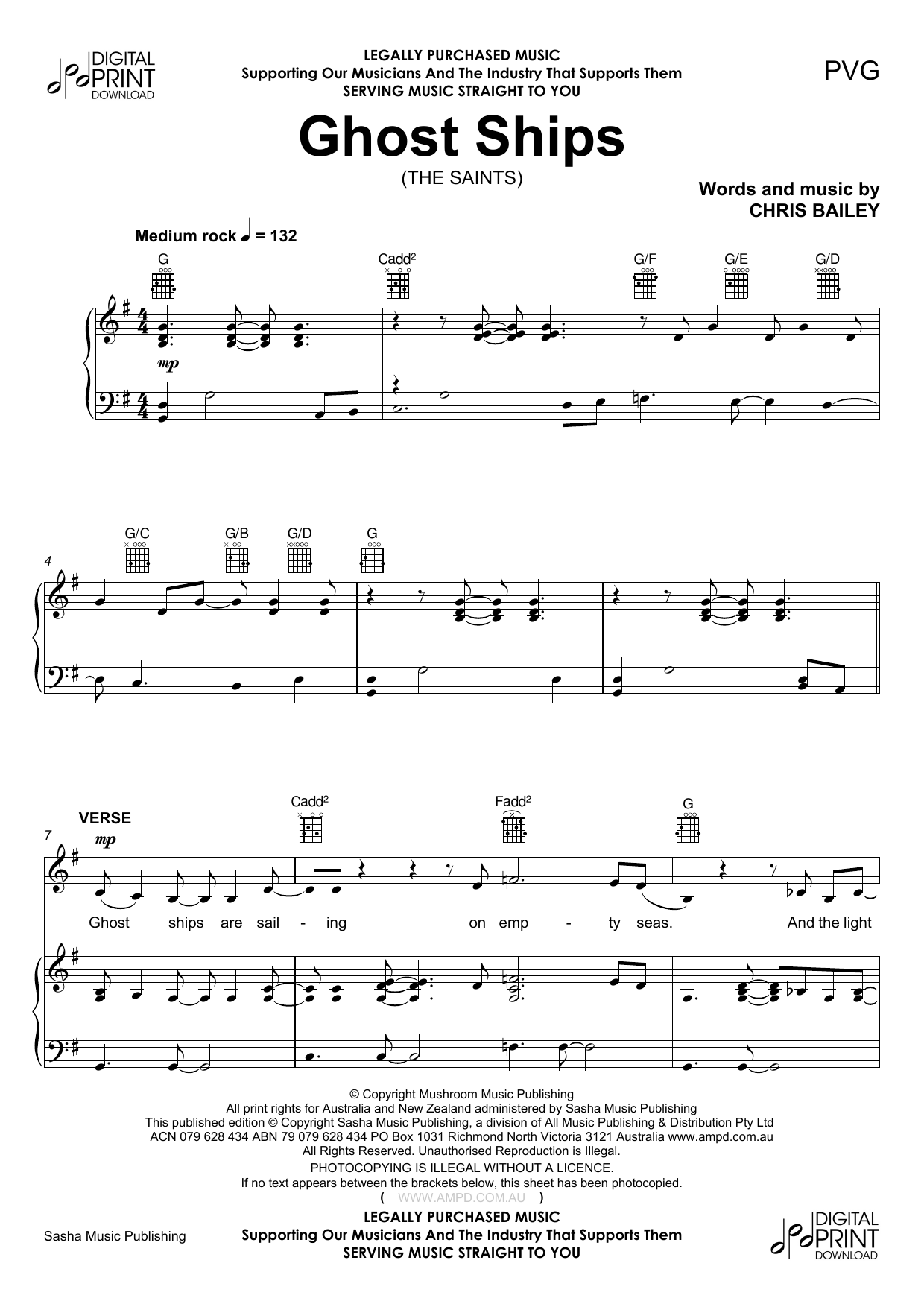 The Saints Ghost Ships sheet music notes and chords arranged for Piano, Vocal & Guitar Chords (Right-Hand Melody)